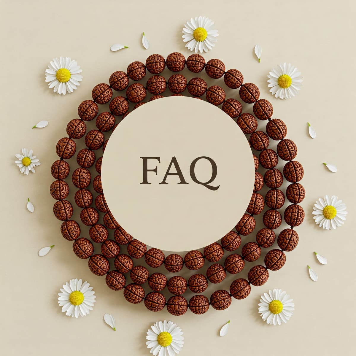 FAQ decorative image with Rudraksha beads